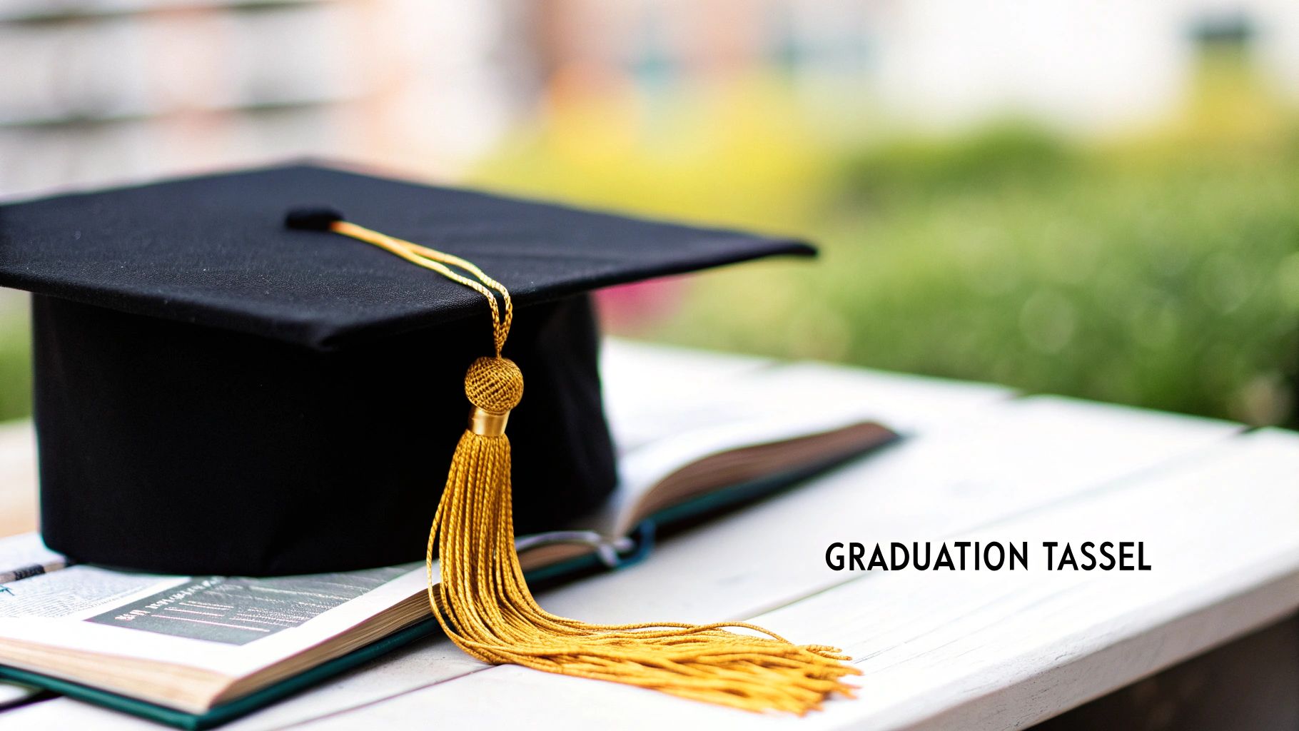 A black graduation cap with a golden tassel rests on an open book on a white table, outdoors.