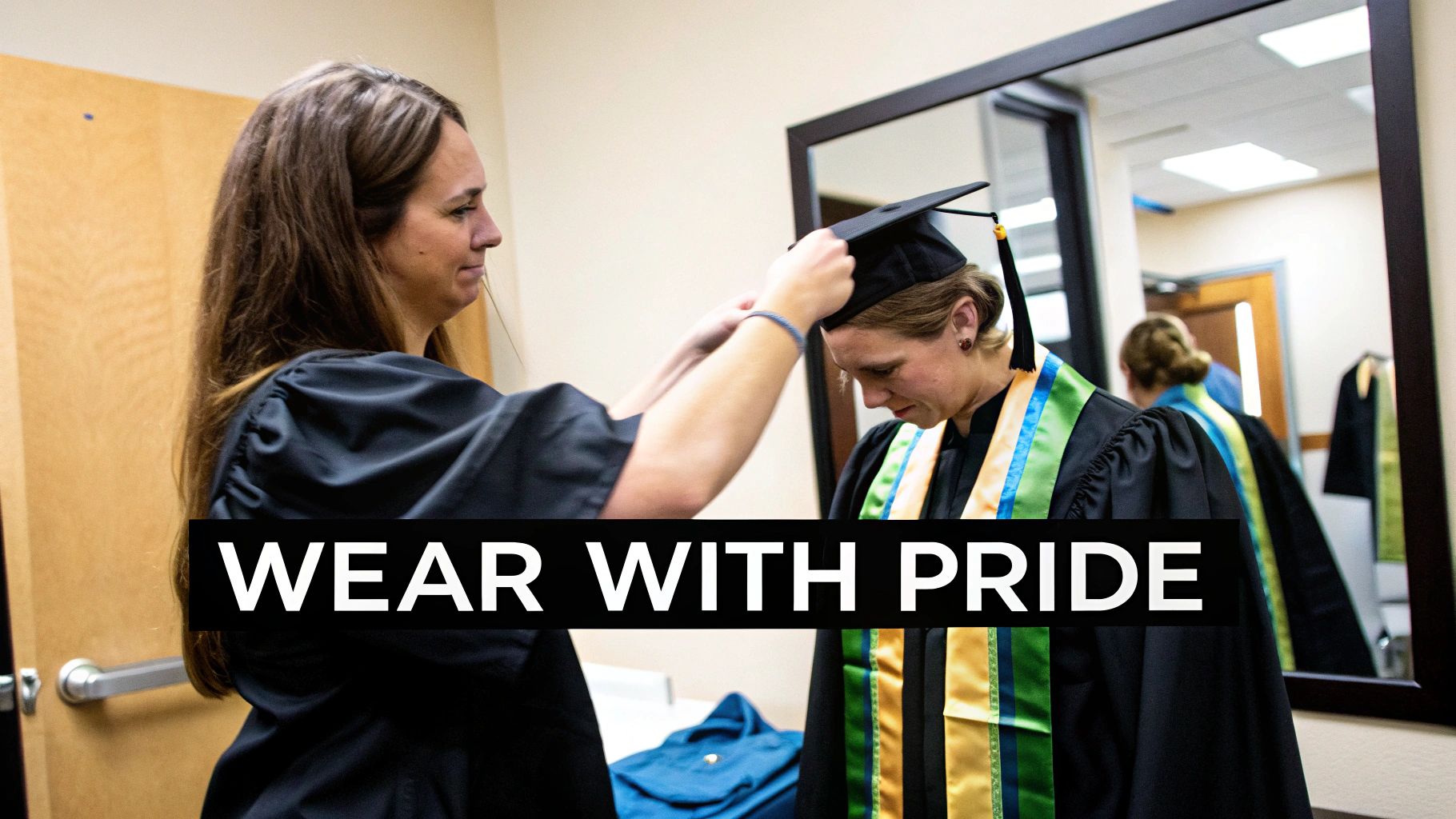 Two women in graduation gowns, one adjusts the cap of another, preparing for commencement.
