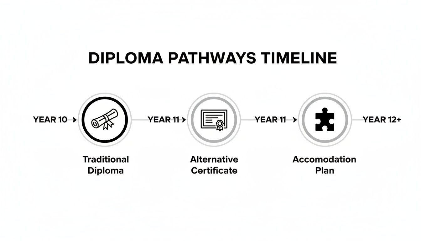 Timeline showing high school diploma pathways: Traditional Diploma, Alternative Certificate, and Accommodation Plan, across Years 10-12+.