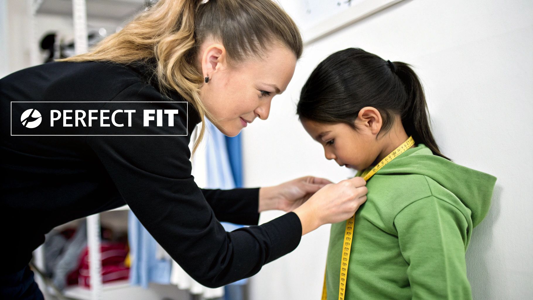 A woman, likely a tailor, measures a young girl in a green hoodie with a yellow tape.