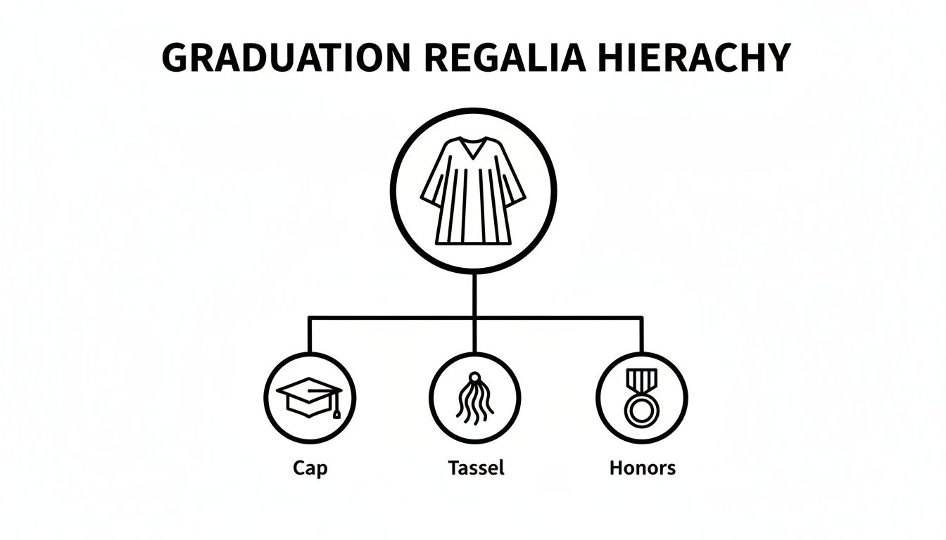 A black and white diagram illustrating the graduation regalia hierarchy, featuring a gown, cap, tassel, and honors medal.