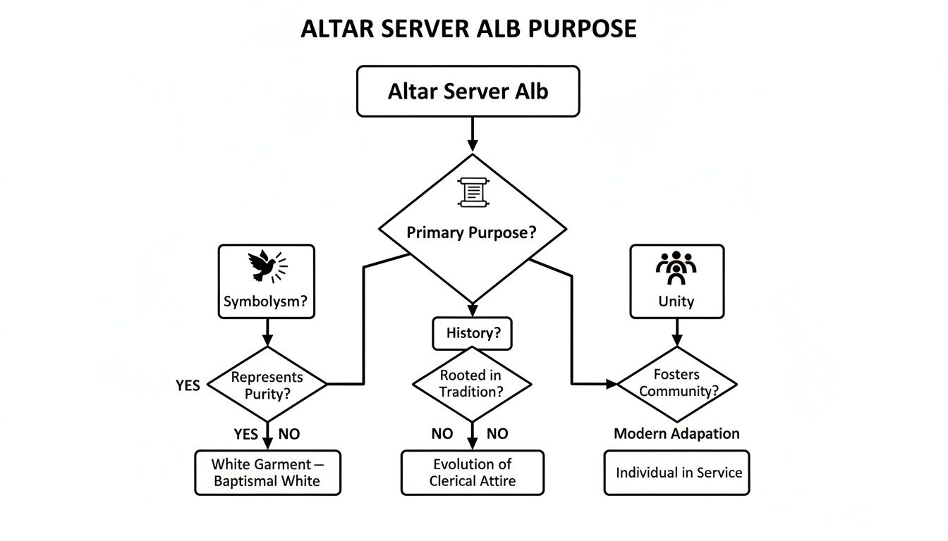 A detailed flowchart explaining the symbolism, history, and community aspects of an Altar Server Alb.