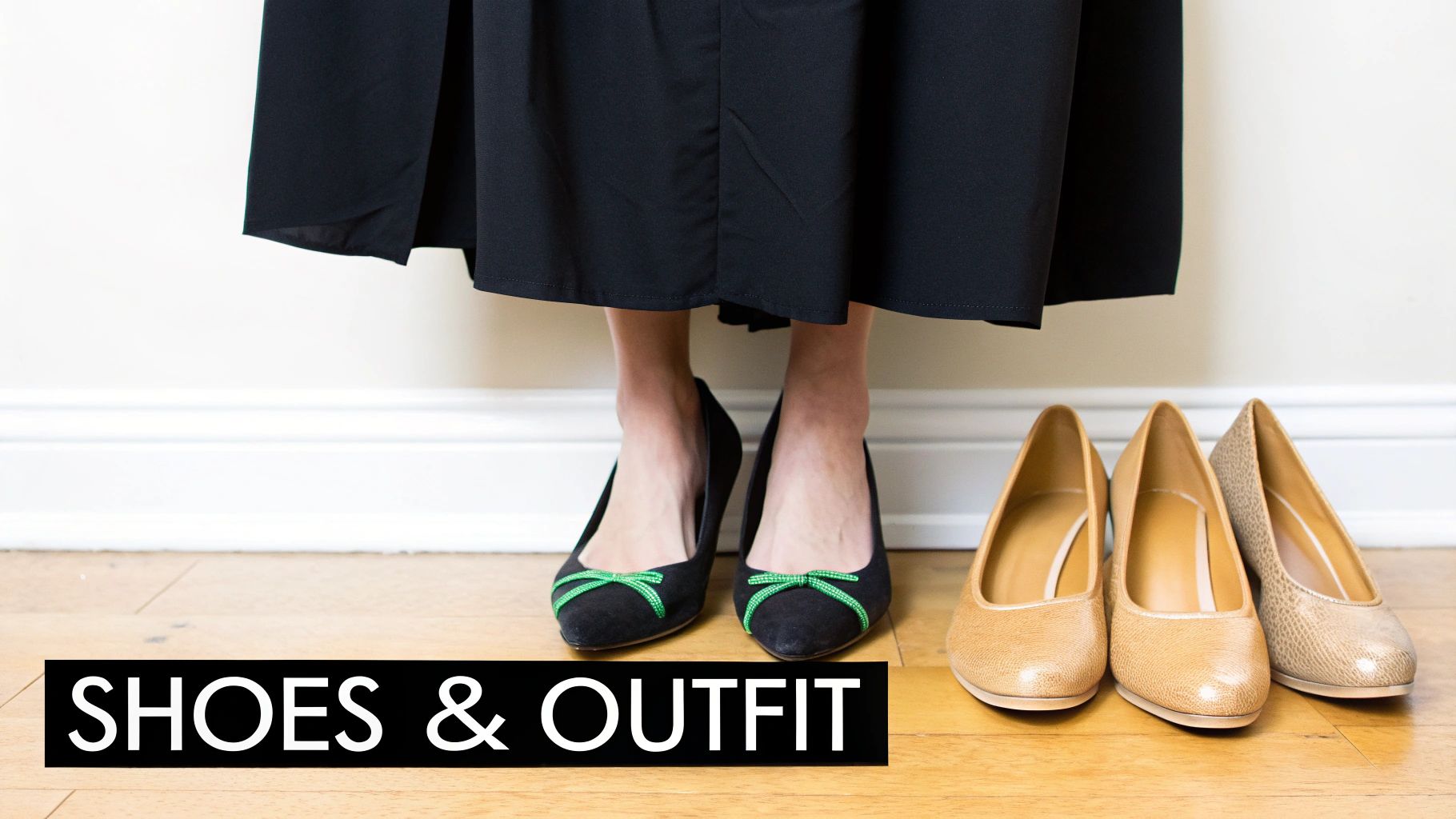 Woman wearing navy midi skirt with black heels and tan ballet flats displayed beside her on wooden floor