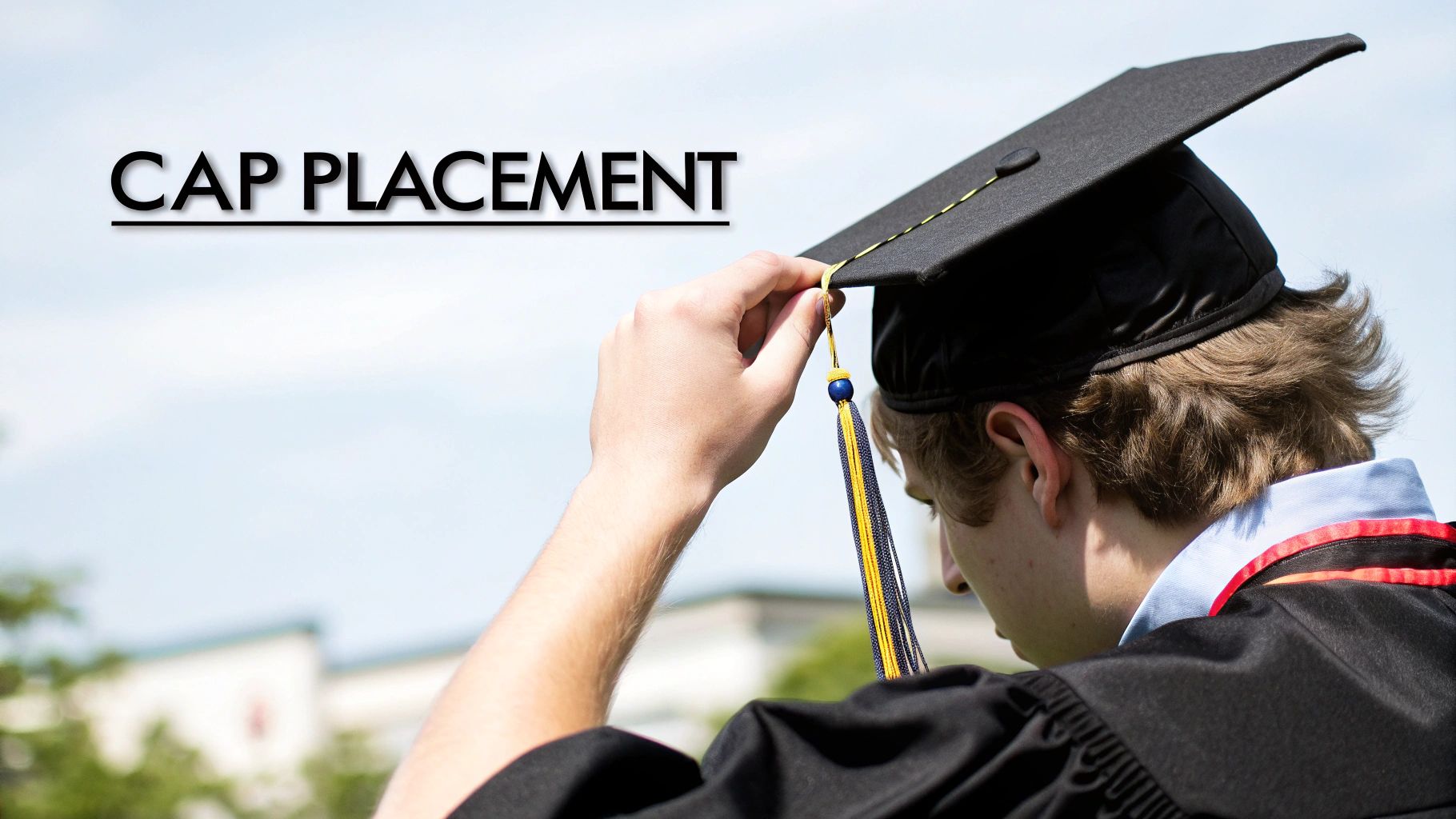 A student in a graduation gown holds their cap's tassel, focusing on its proper placement.
