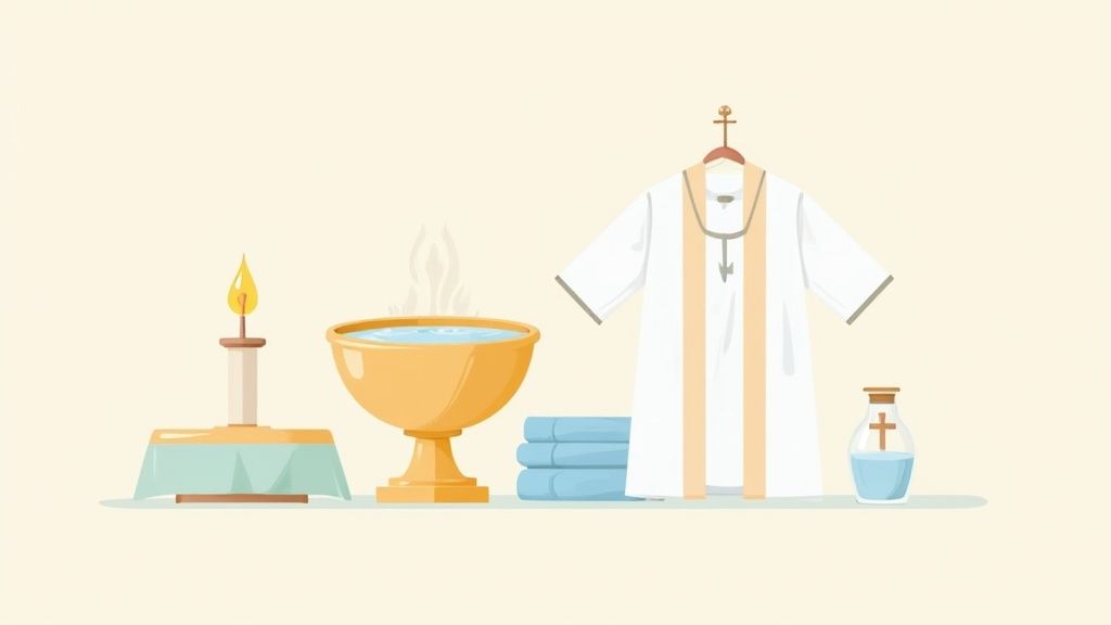 A flat lay illustration depicting items for a Christian baptism: candle, water bowl, towels, robe, and holy water.