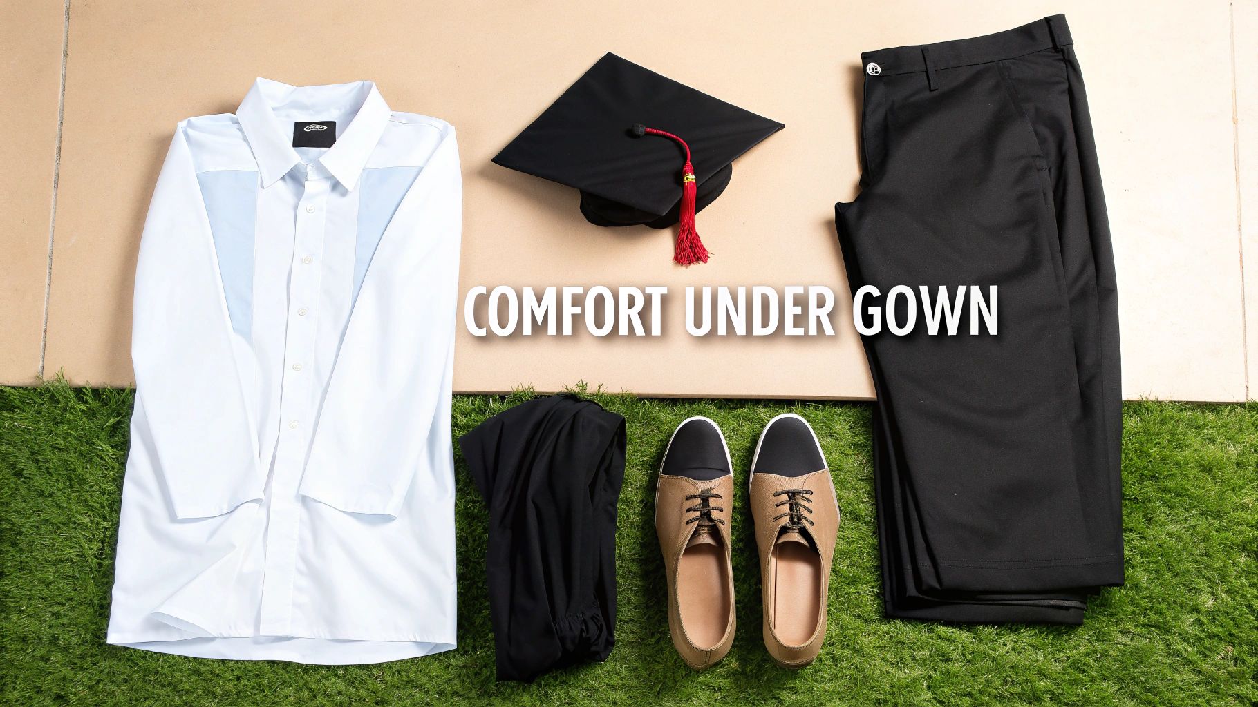 A graduation flat lay featuring a white shirt, black trousers, cap, and shoes for ceremony comfort.
