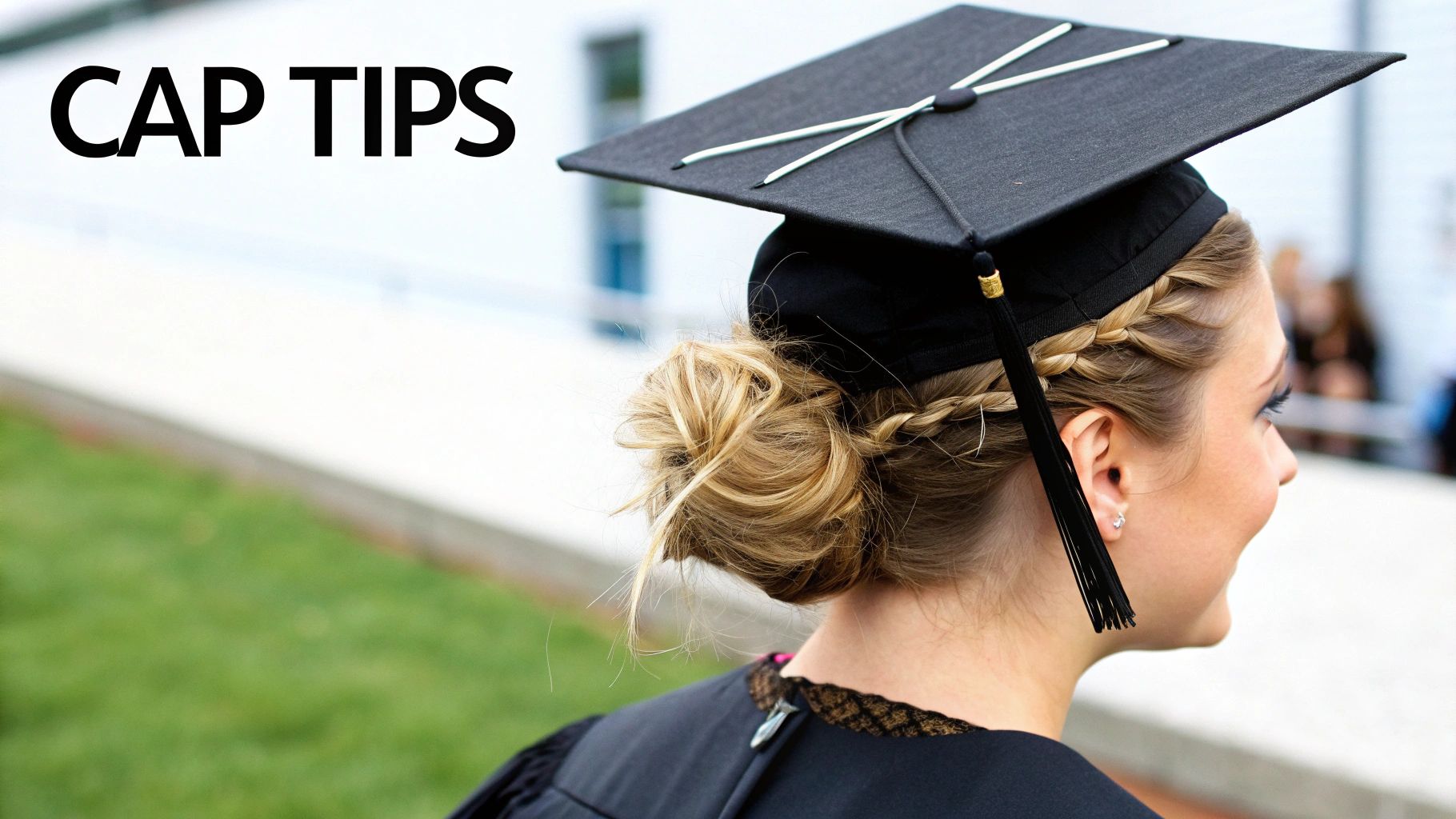 A smiling young woman from behind wearing a graduation cap and gown, with blonde braided hair styled in a bun.