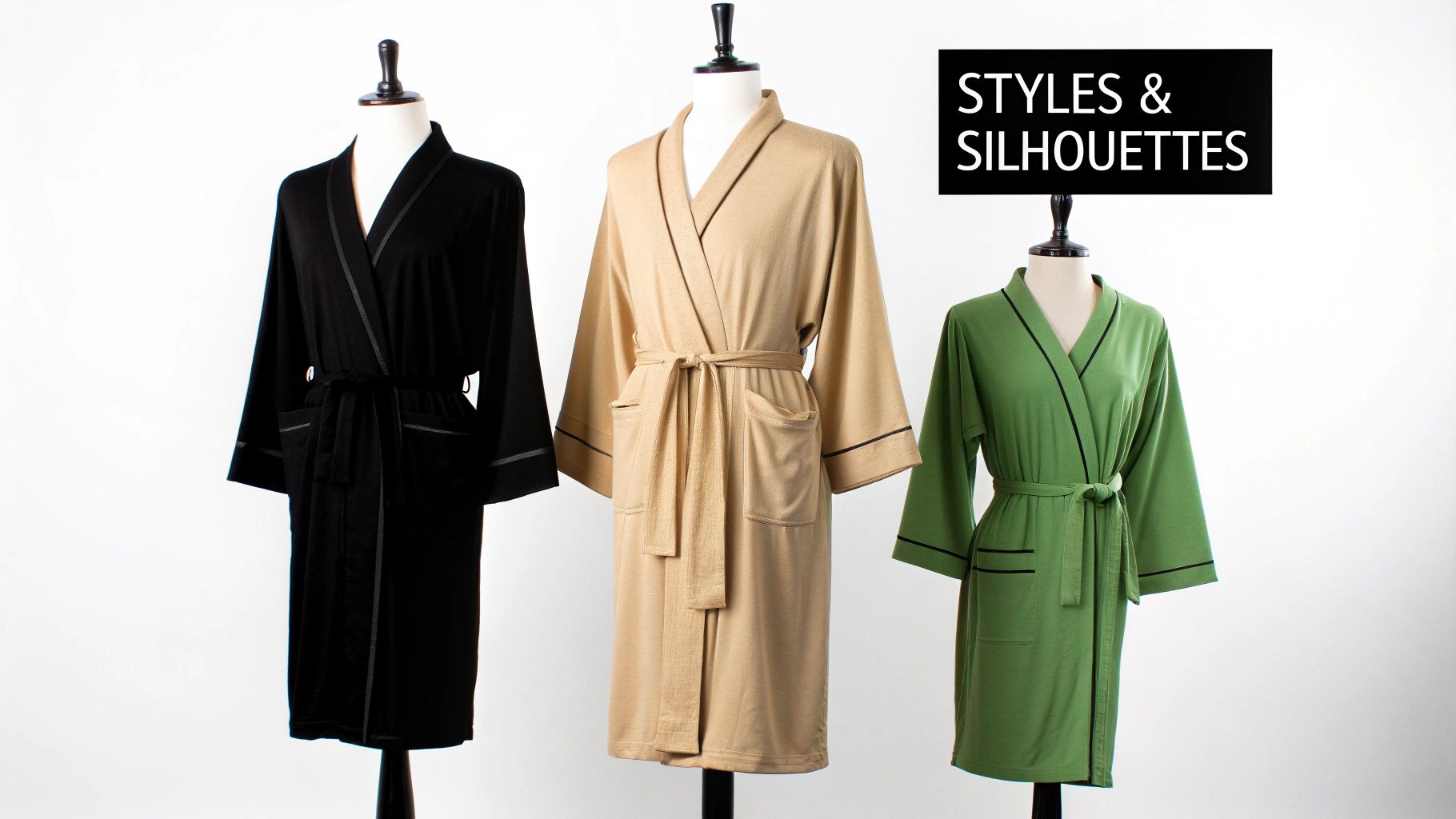 Three bathrobes in black, beige, and green on mannequins, showcasing various styles and silhouettes.