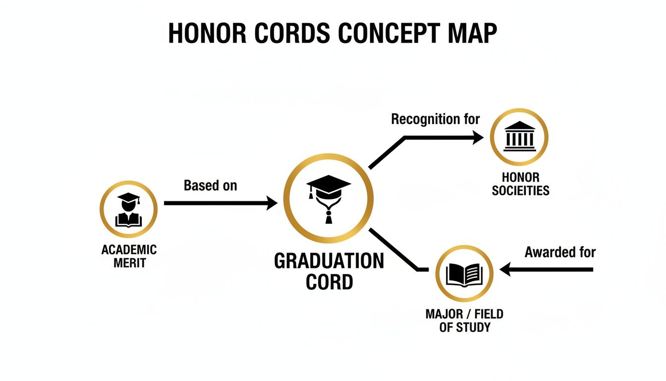 Concept map illustrating how academic merit, honor societies, and fields of study relate to graduation cords.