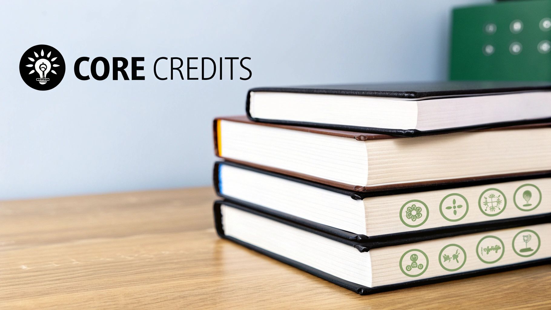 A student looking at a chalkboard filled with academic subjects and credit numbers