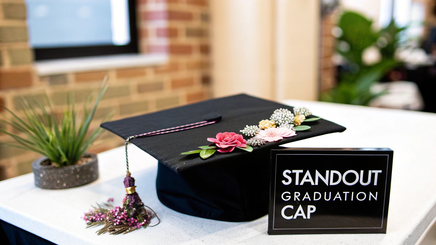 A black graduation cap decorated with colorful artificial flowers and a unique tassel, next to a 'Standout Graduation Cap' sign.