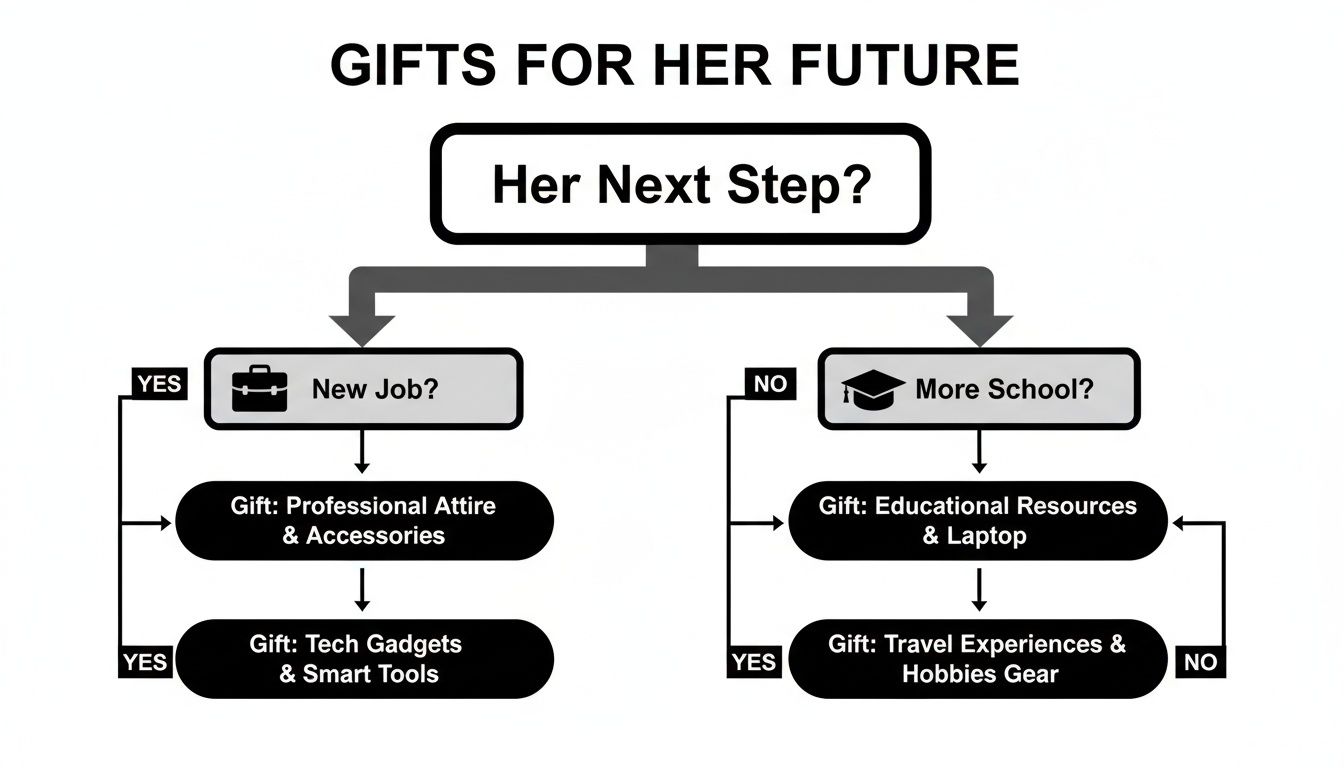 A flowchart titled 'Gifts for Her Future' offering gift ideas based on her next step.