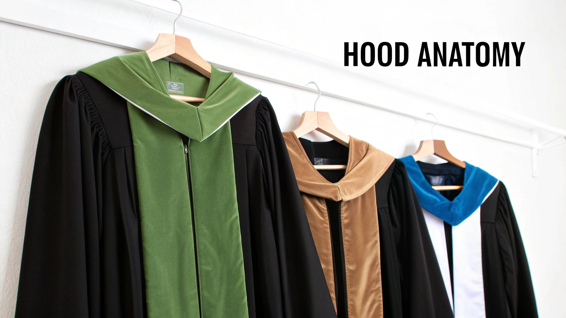 Three academic graduation gowns with colorful hoods, including green, brown, and blue, hanging on a white rack.