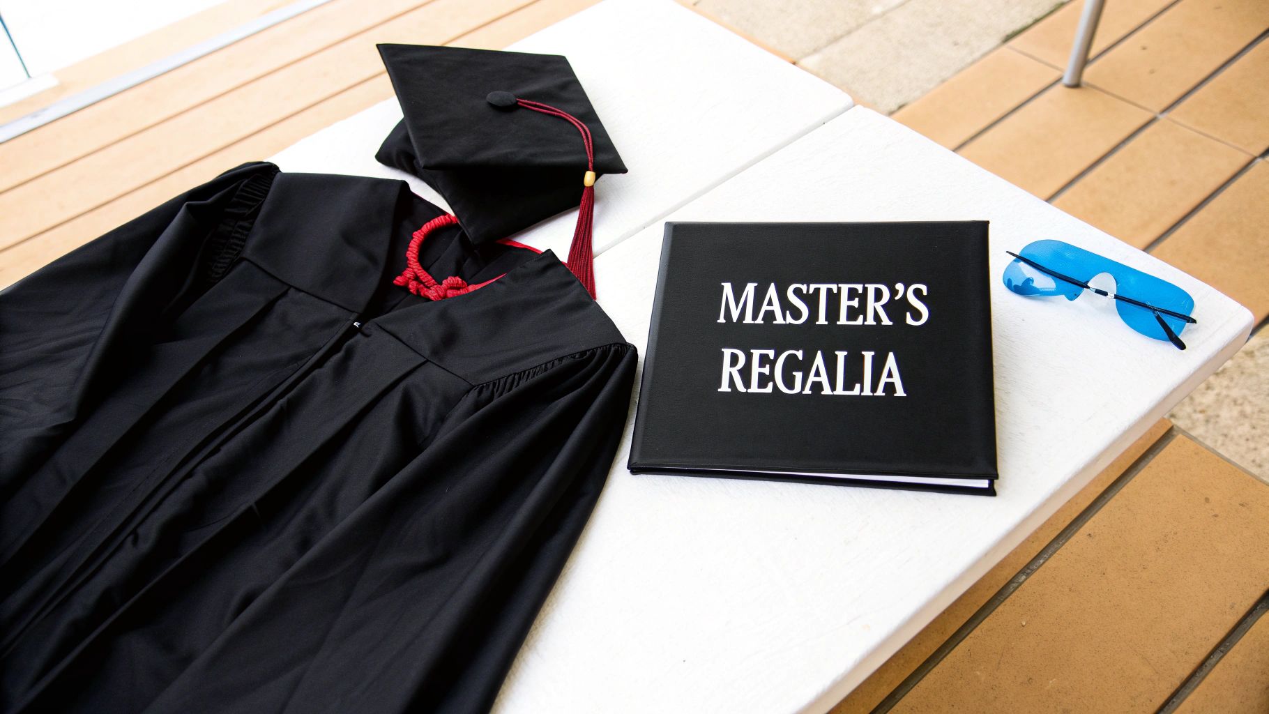 Master's graduation regalia laid out: black gown, cap with red tassel, and 'MASTER'S REGALIA' book.