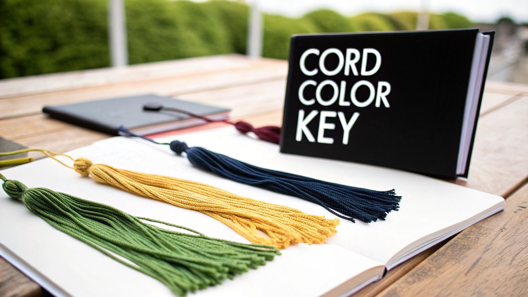 A black book titled 'CORD COLOR KEY' stands with green, yellow, and blue tassels on an open notebook.