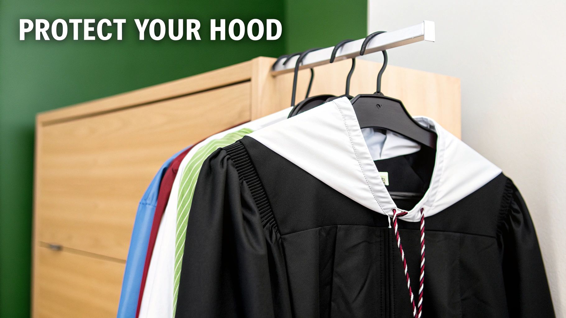 A black academic gown with a white and maroon-striped hood hangs on a rack, with other shirts, and text 'PROTECT YOUR HOOD'.