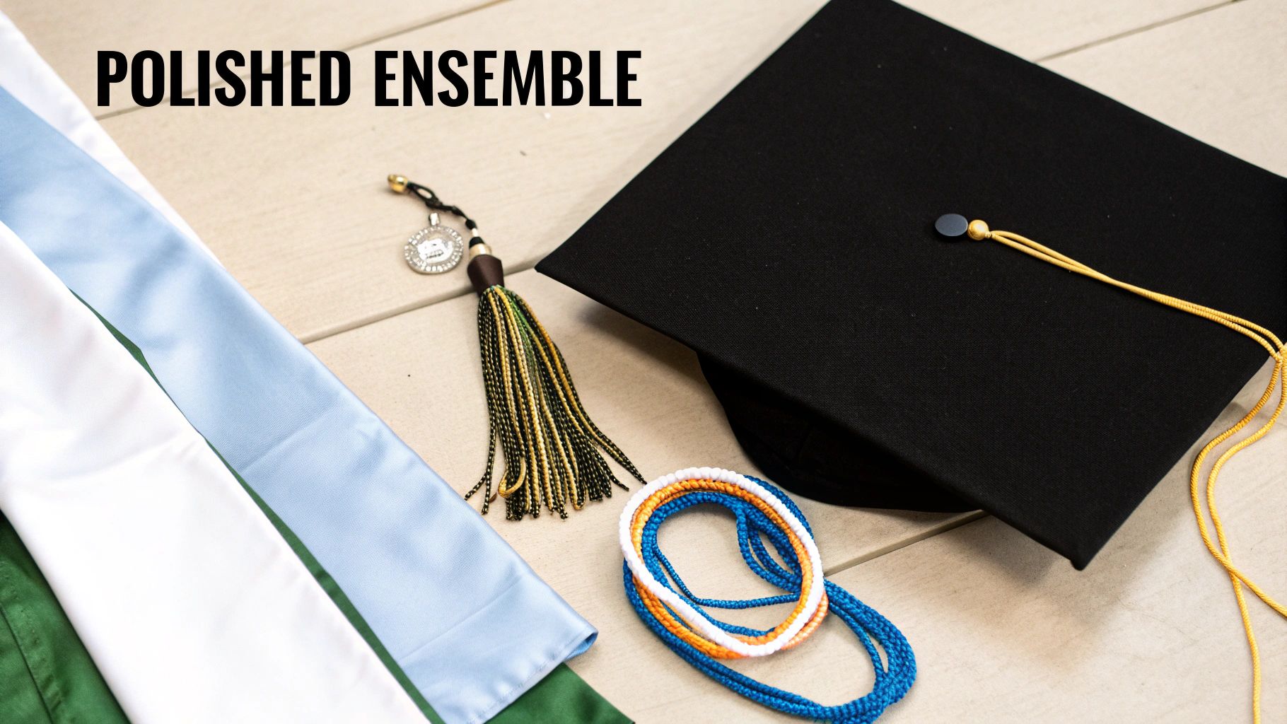 A polished ensemble of graduation items, including a cap, stoles, tassels, cords, and a medal, laid on a wooden surface.