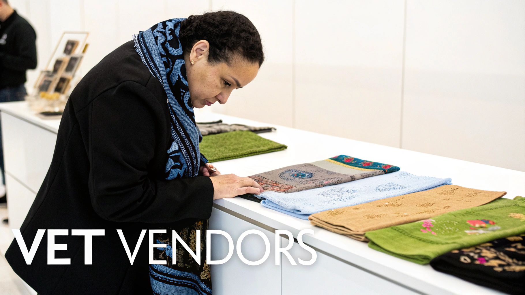 A woman carefully inspects colorful, patterned stoles laid out on a white display table.
