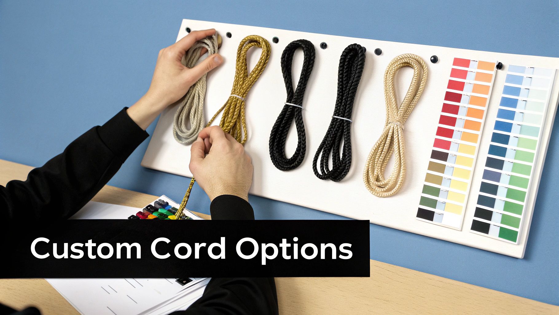 Hands selecting custom honor cord color options from a display board with color swatches.