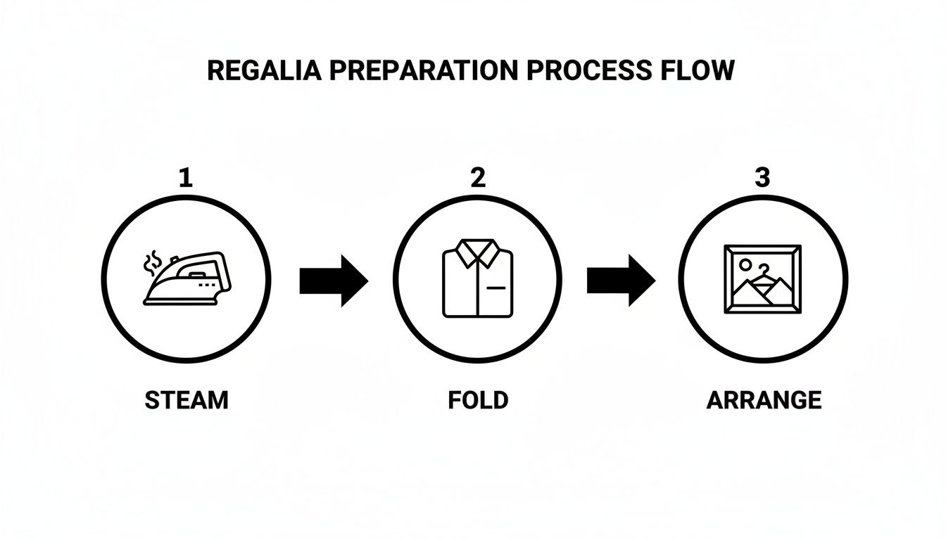 A regalia preparation process flow diagram showing three steps: Steam, Fold, and Arrange.