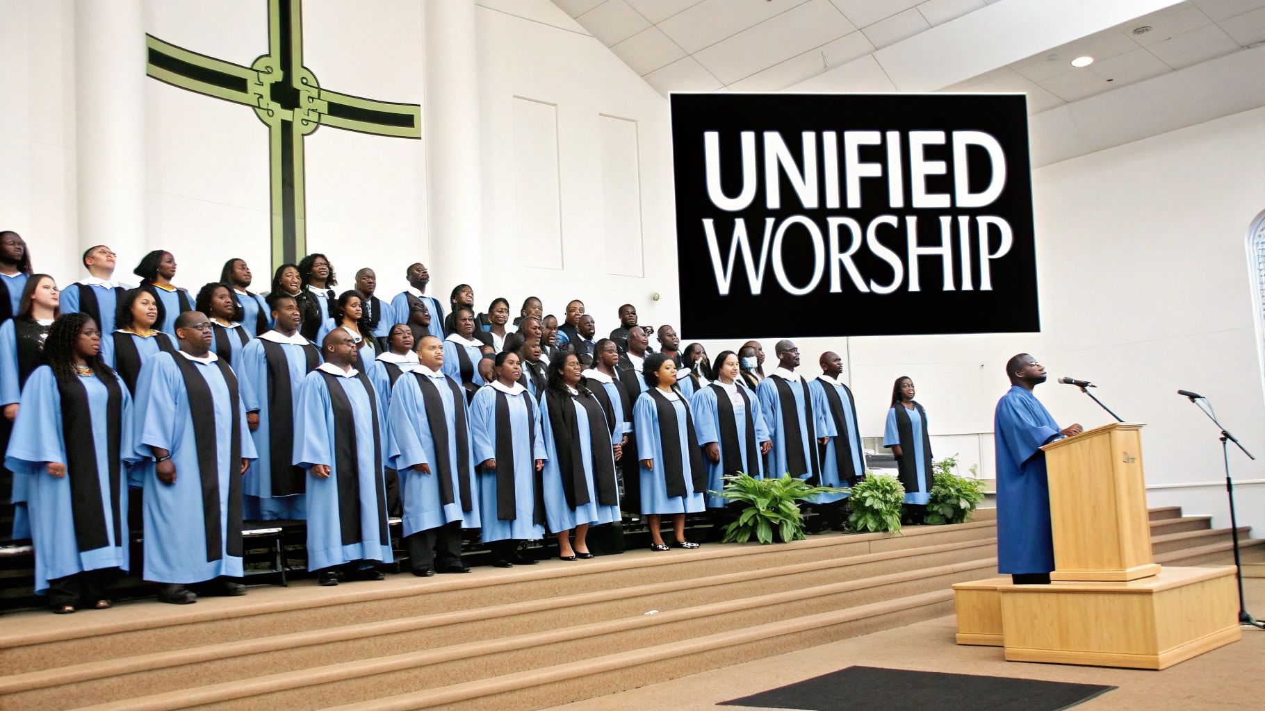Large church choir in blue and black robes singing during a Unified Worship service.