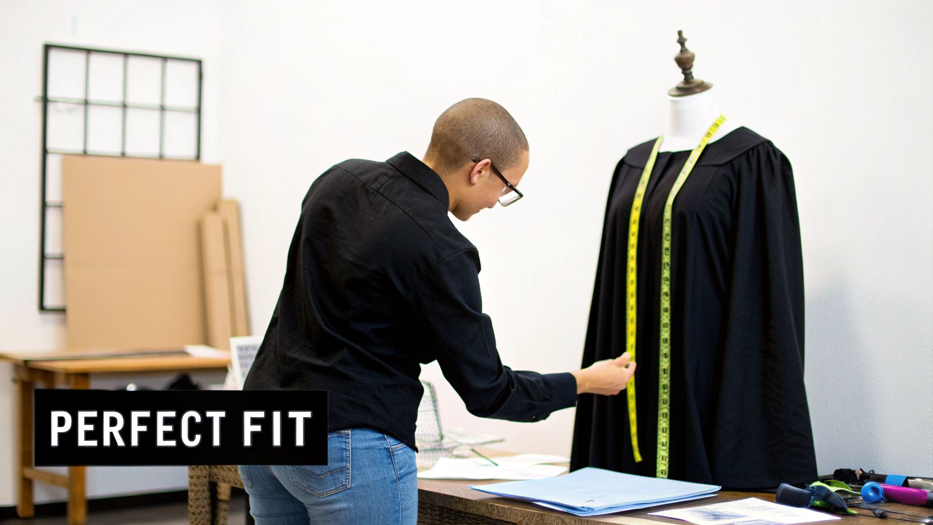 A person with a buzz cut measures a black church choir robe on a mannequin with yellow tape.