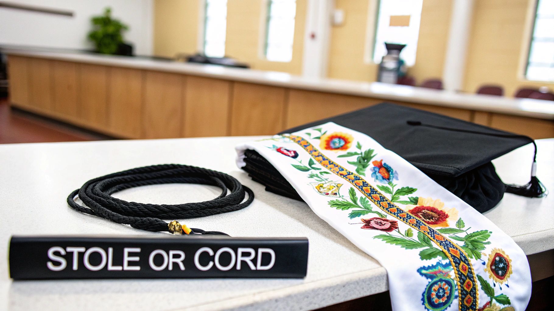 Graduation regalia featuring a black cap, an embroidered stole, and a black cord on a table.
