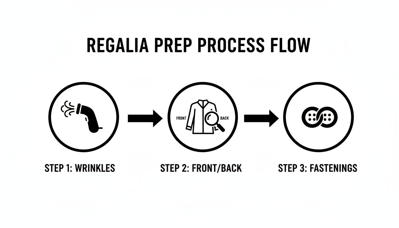 A regalia prep process flow diagram illustrating three steps: wrinkles, front/back check, and fastenings.