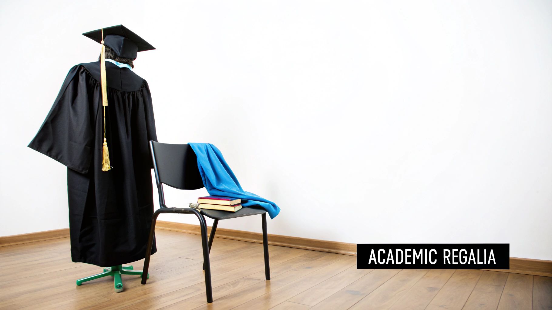 A black academic gown and cap with a gold tassel hangs on a stand, next to a chair with books.