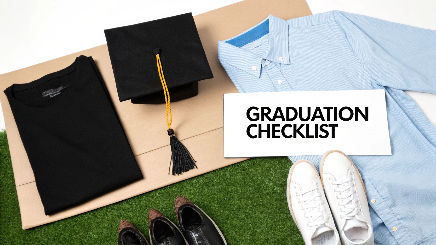 A flat lay showcasing graduation essentials: cap, black shirt, blue shirt, shoes, and a 'Graduation Checklist' sign.