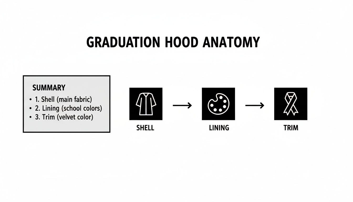 Diagram illustrating the anatomy of a graduation hood, detailing its shell, lining, and trim components.