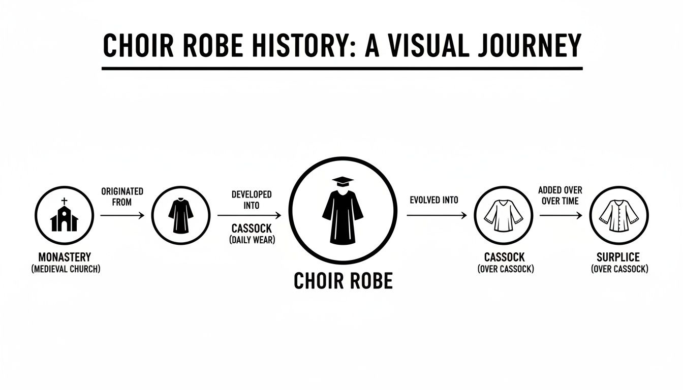 A diagram illustrates the historical evolution of the choir robe, from monastic origins to the surplice.