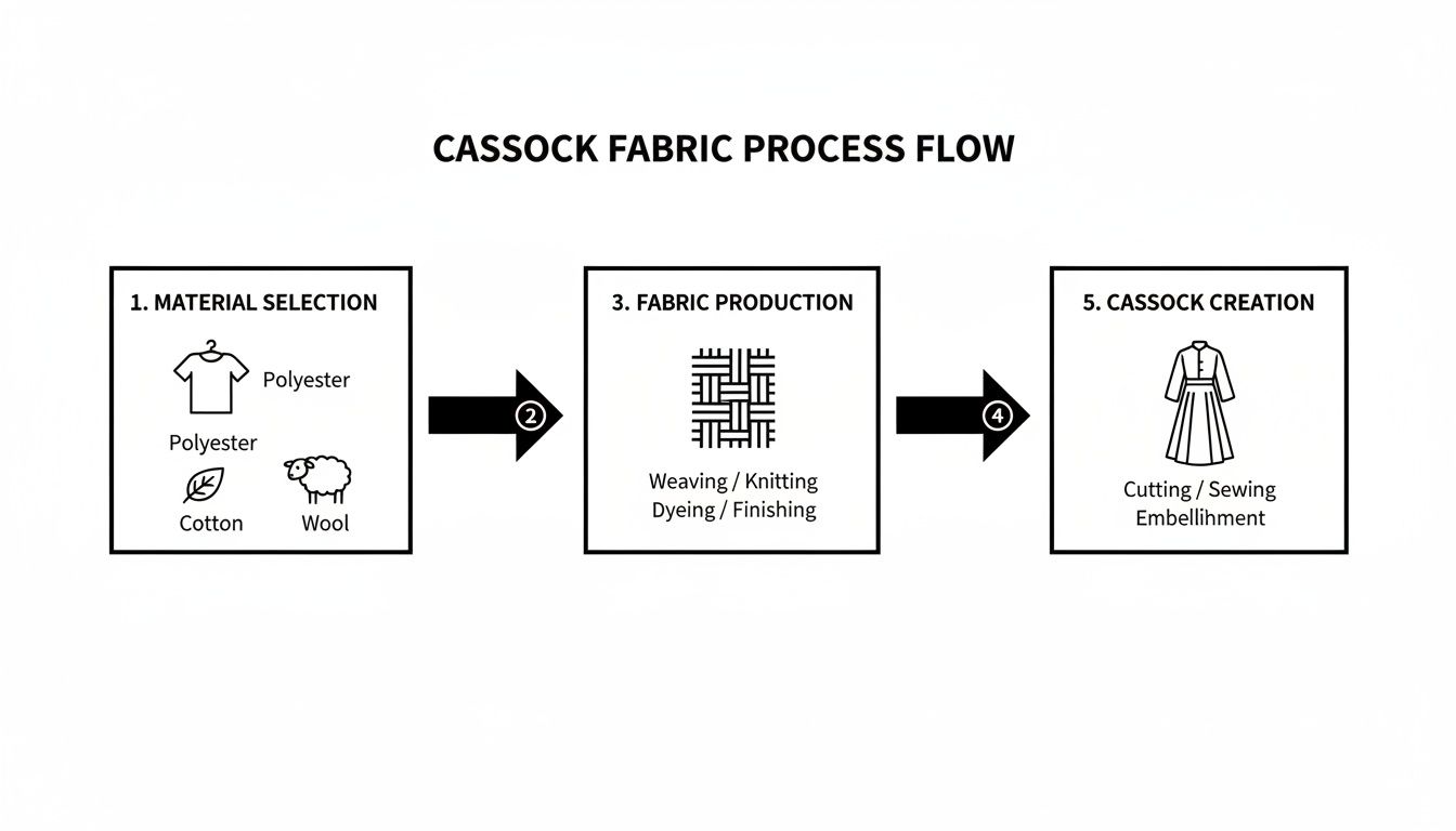 Flowchart illustrating the cassock fabric production process, from material selection to final garment creation.