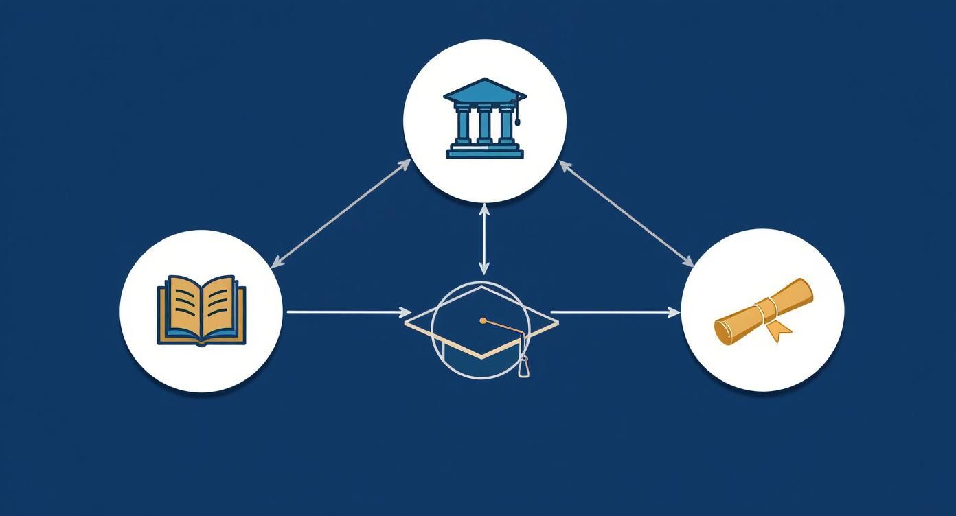 Diagram showing the education process: book, university, and diploma connected to a graduation cap.