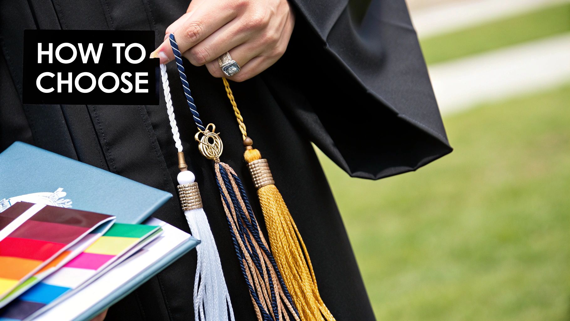 A graduate in a black gown holds multiple decorative tassels and academic documents.