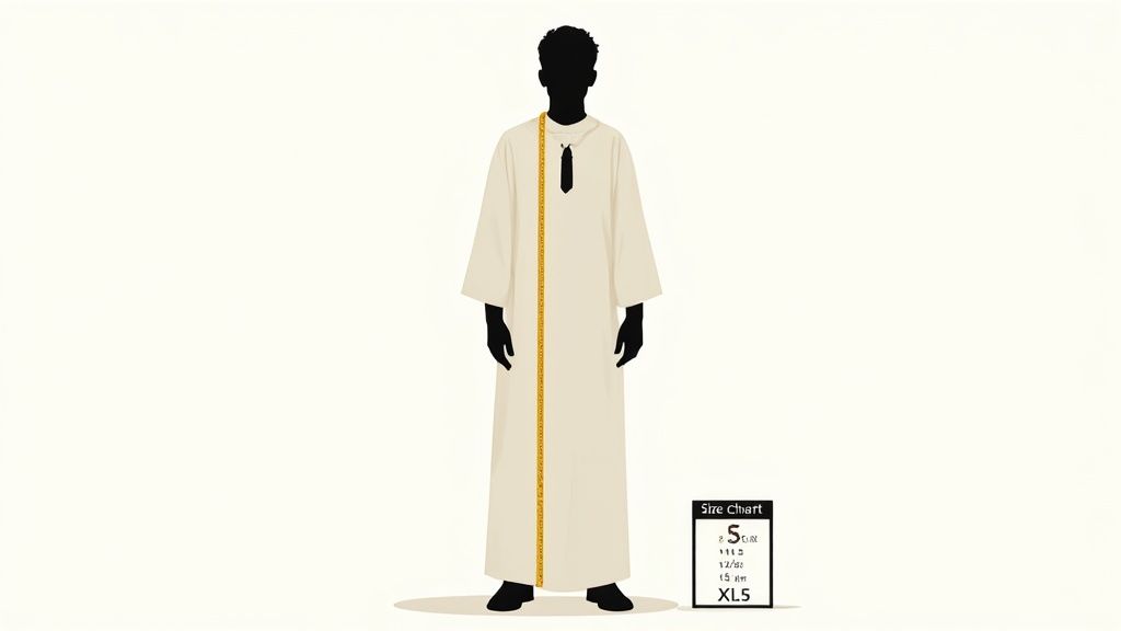 Illustration of a person wearing a beige robe with a measuring tape, indicating sizes for church attire.