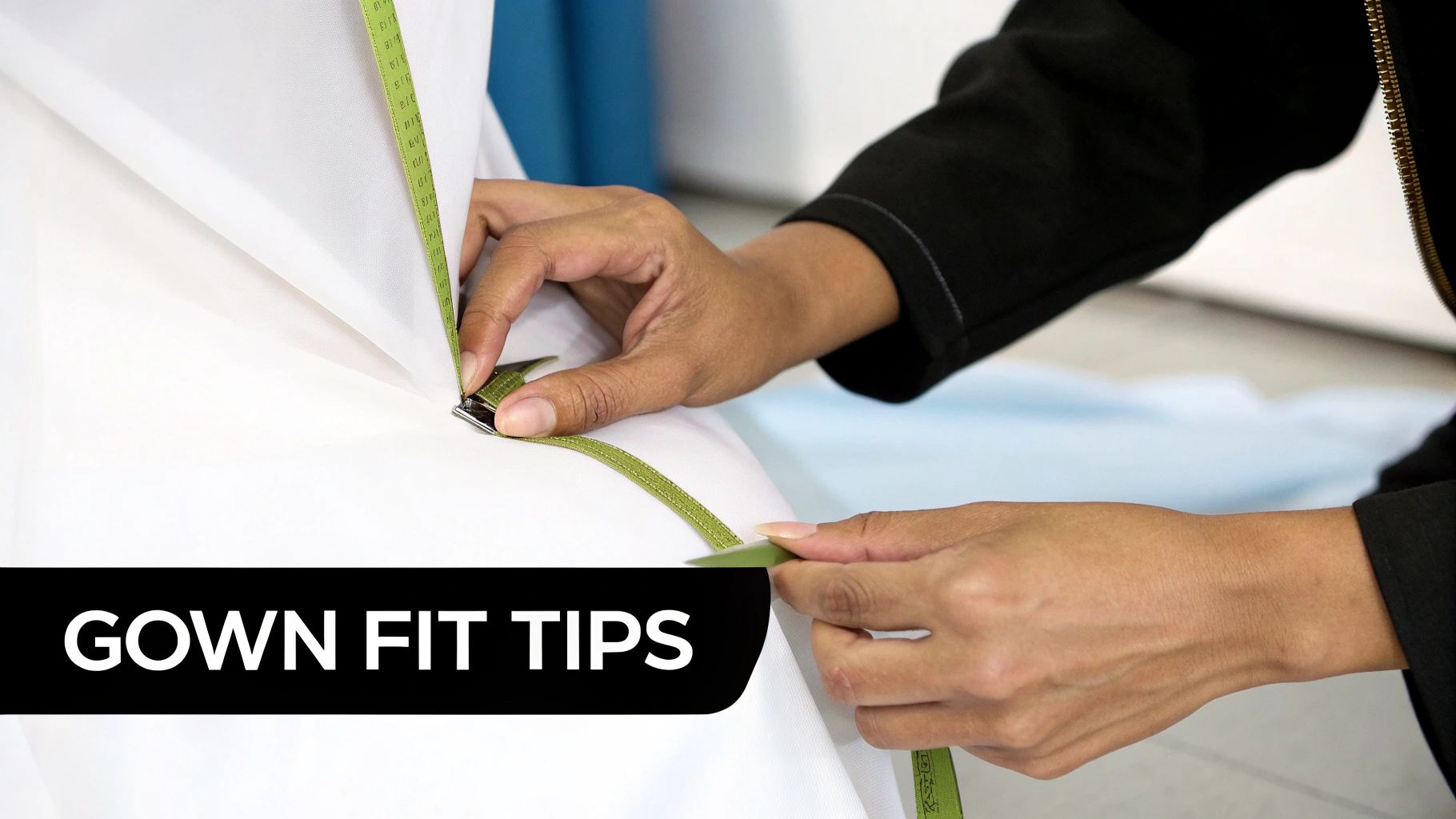 Close-up of hands using a green measuring tape on white fabric, demonstrating gown fitting.