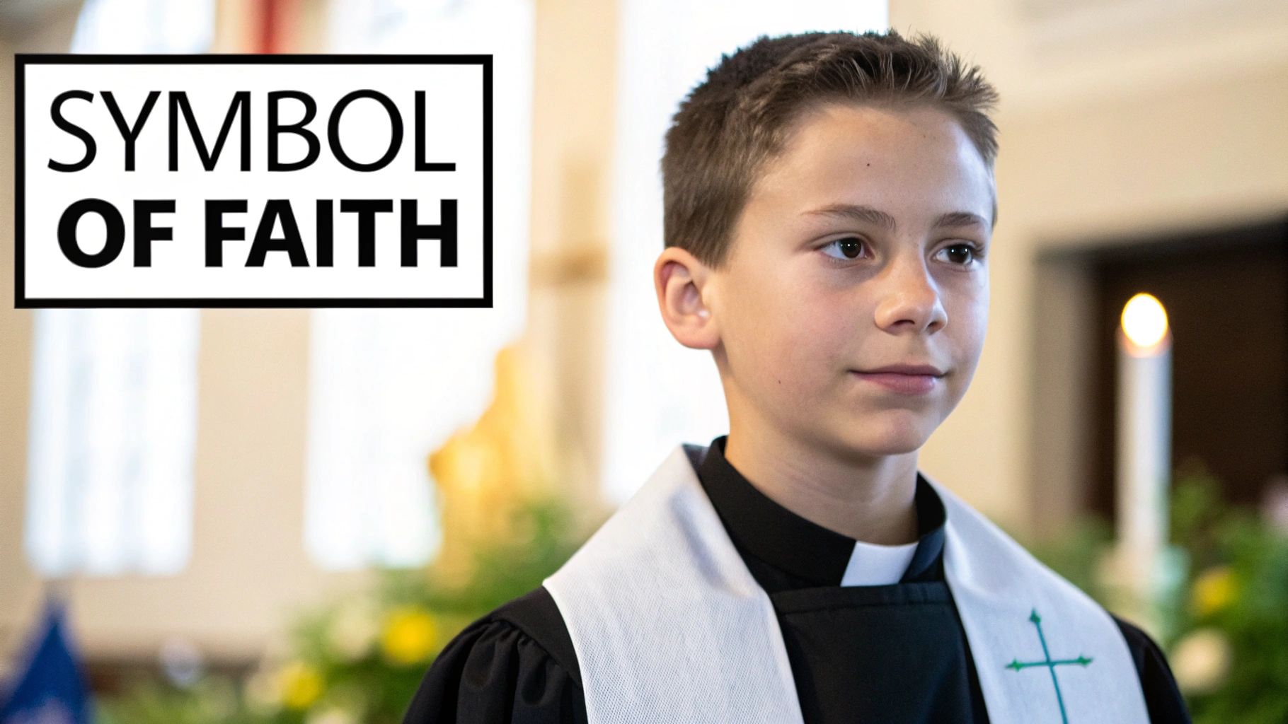 A young boy in a black robe and white stole with a green cross, standing under the text 'SYMBOL OF FAITH'.