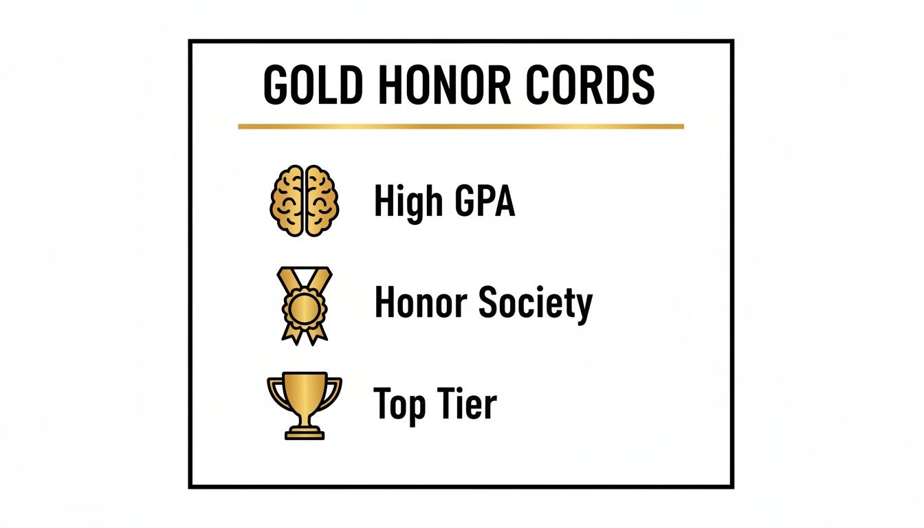 A graphic lists the requirements for Gold Honor Cords: High GPA, Honor Society, and Top Tier.