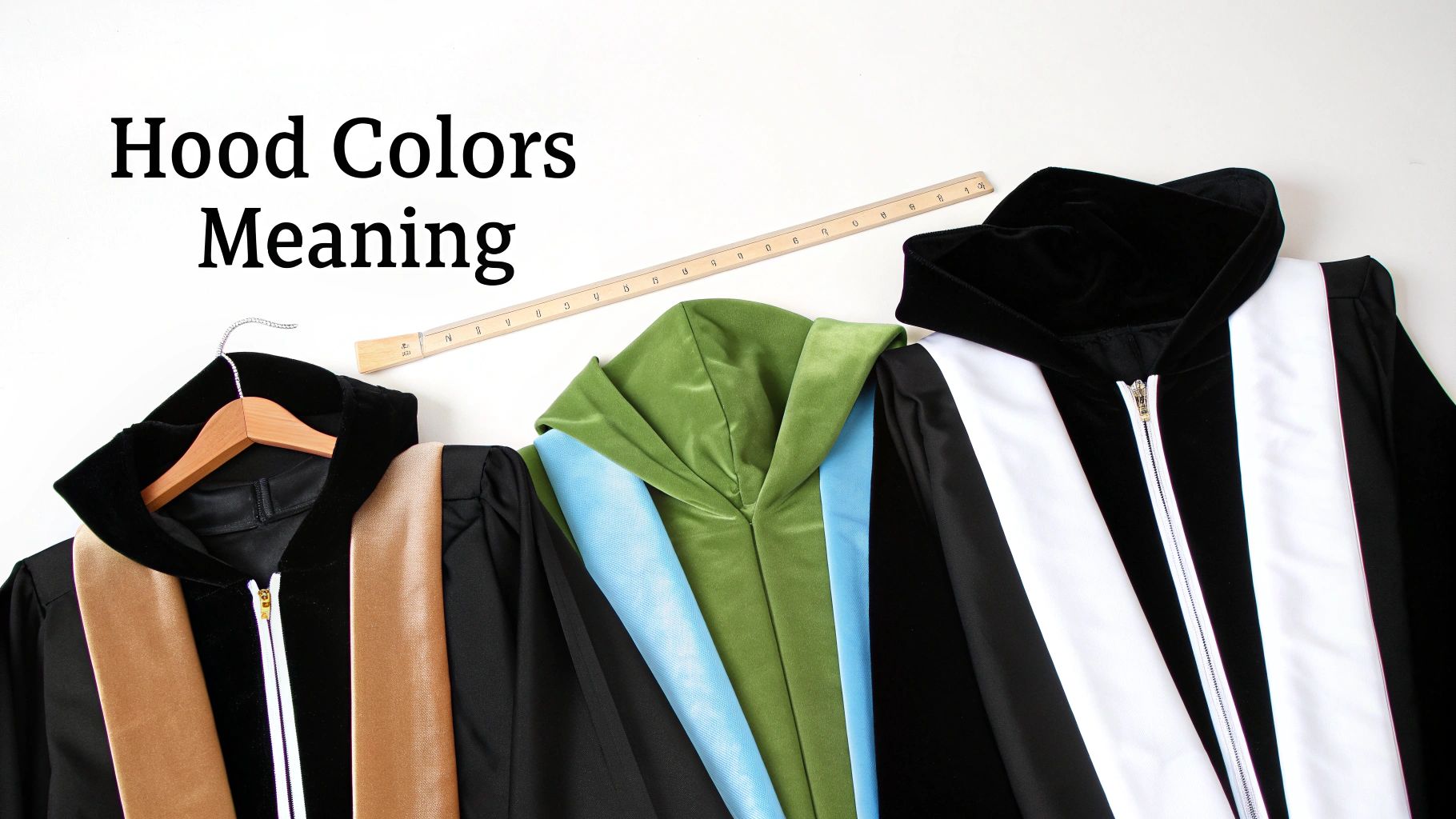 Three academic graduation robes with colorful hoods, illustrating the meaning of different hood colors.