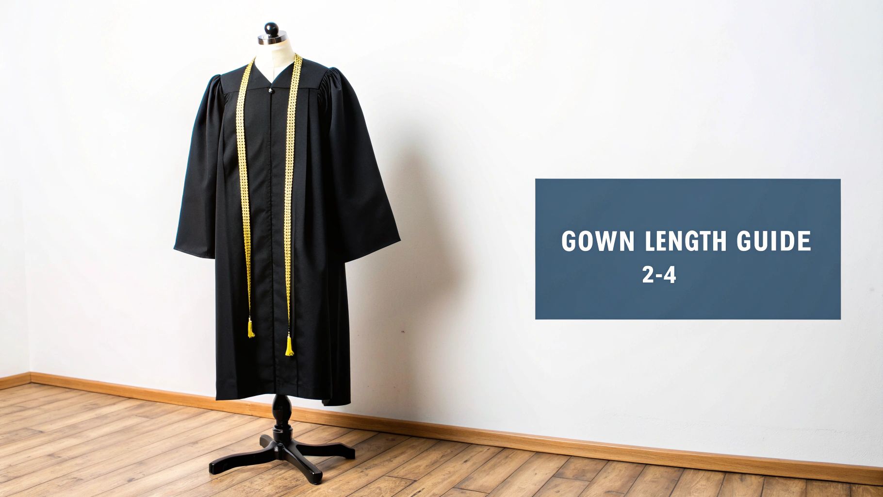 A black graduation gown and yellow stole on a mannequin, with a GOWN LENGTH GUIDE text box.