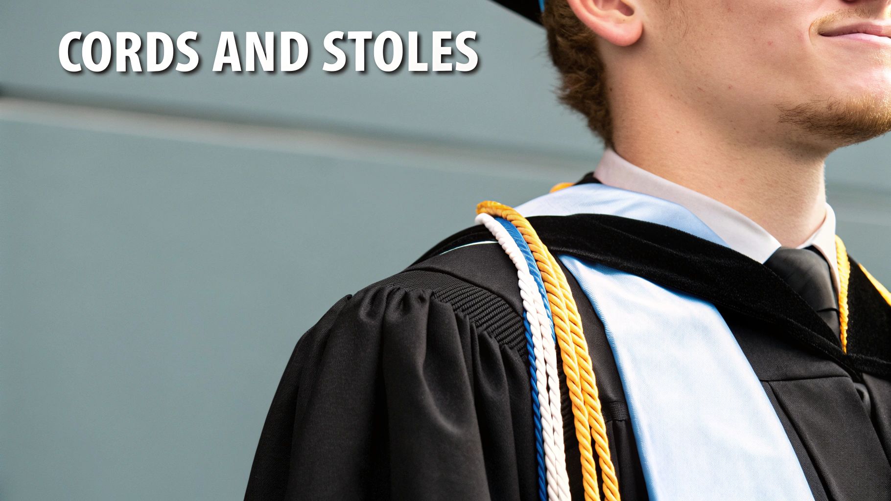 Close-up of a graduate wearing a black gown, light blue stole, and colorful honor cords.