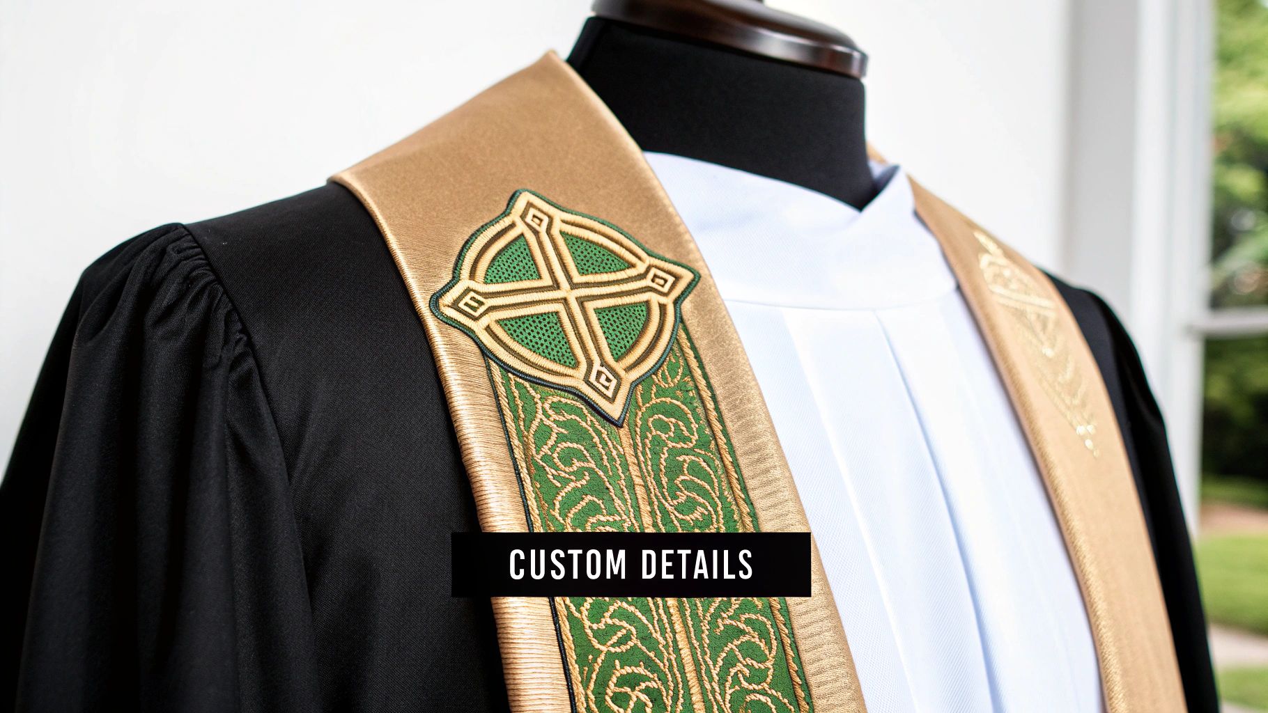 Close-up of a black clerical robe with a gold stole featuring green Celtic cross embroidery.