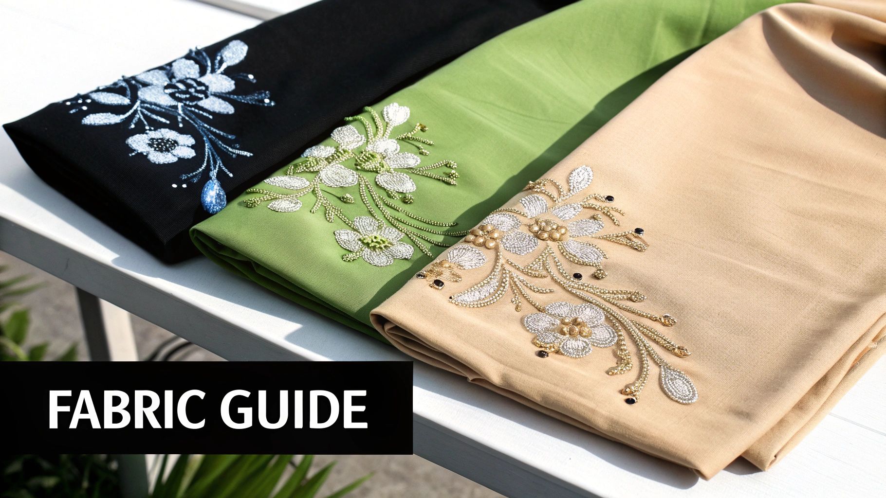 Close-up of three beautifully embroidered fabrics in black, green, and beige with floral designs.