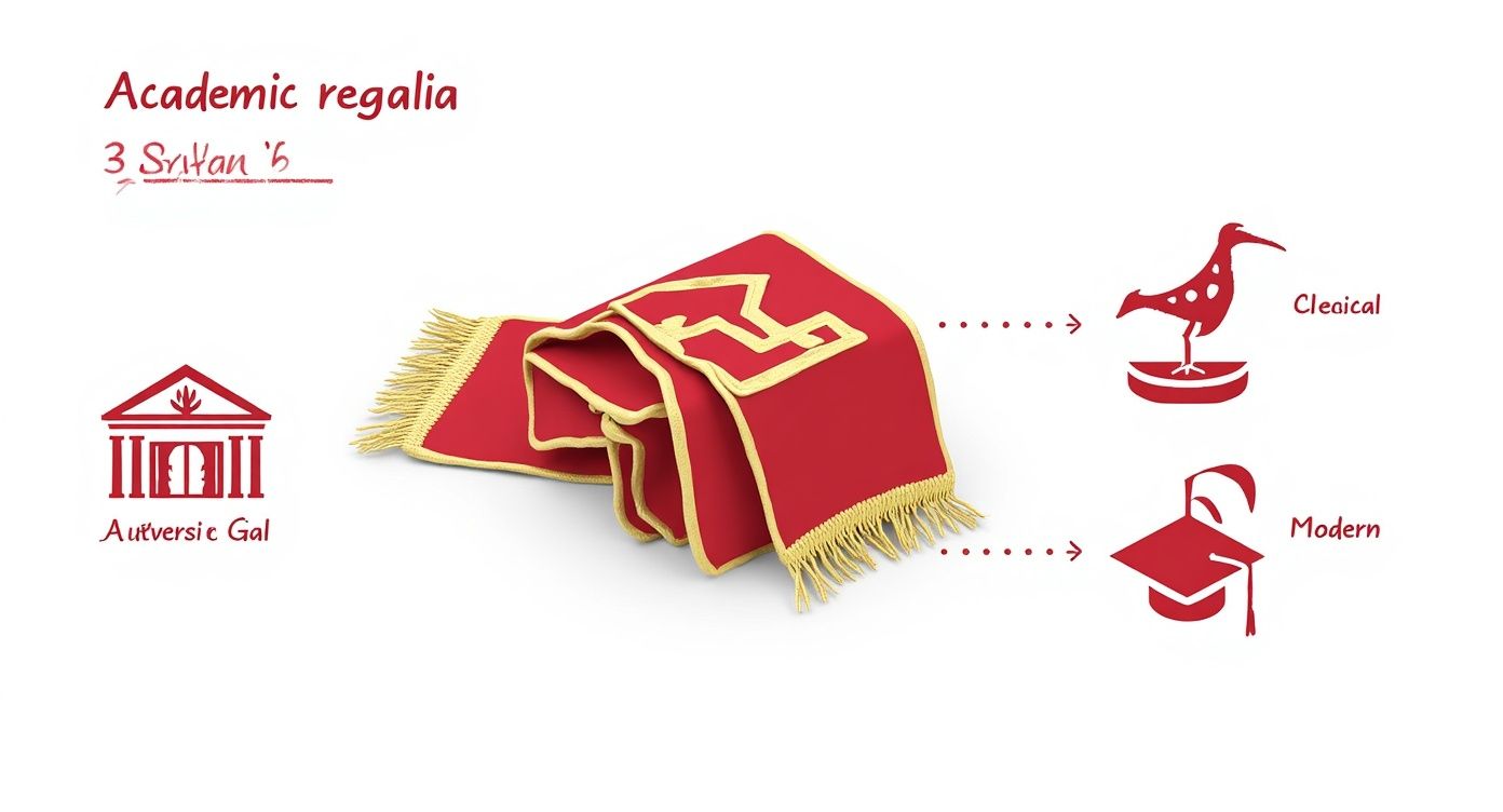 Red and gold academic stole with fringe, illustrating clerical and modern regalia styles.