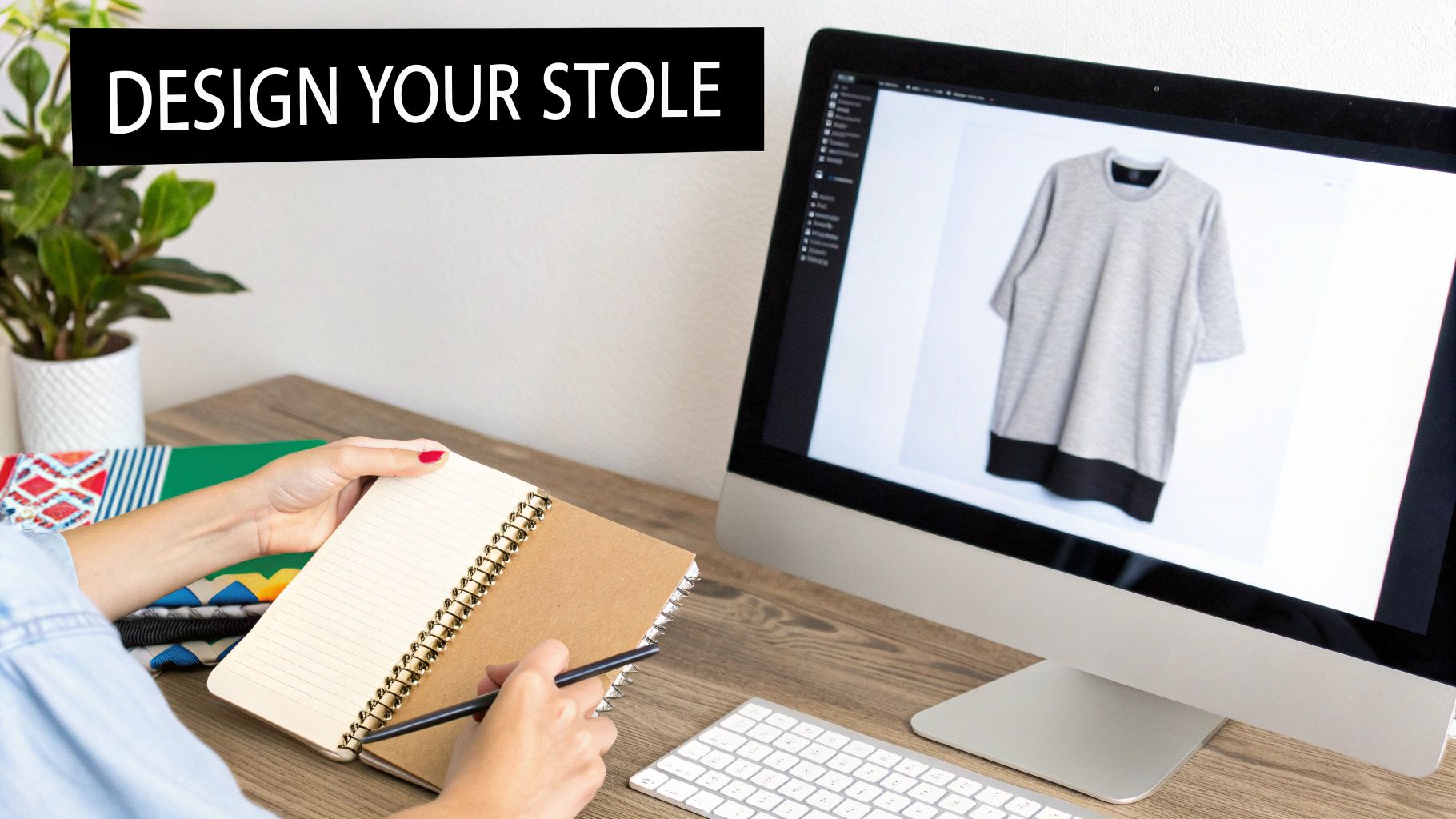 A person sketching custom stole designs in a notebook while viewing a shirt on a computer monitor.