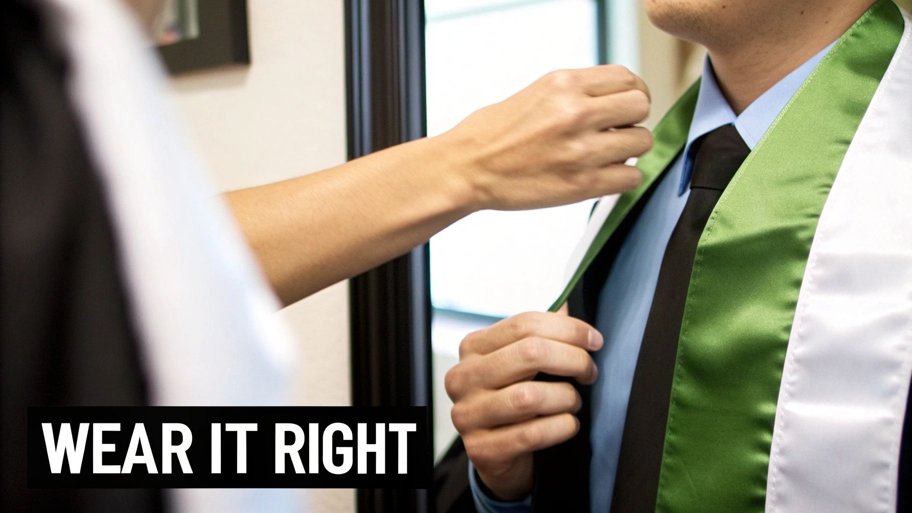 A person helps adjust a green and white academic sash over a student's blue shirt and black tie.