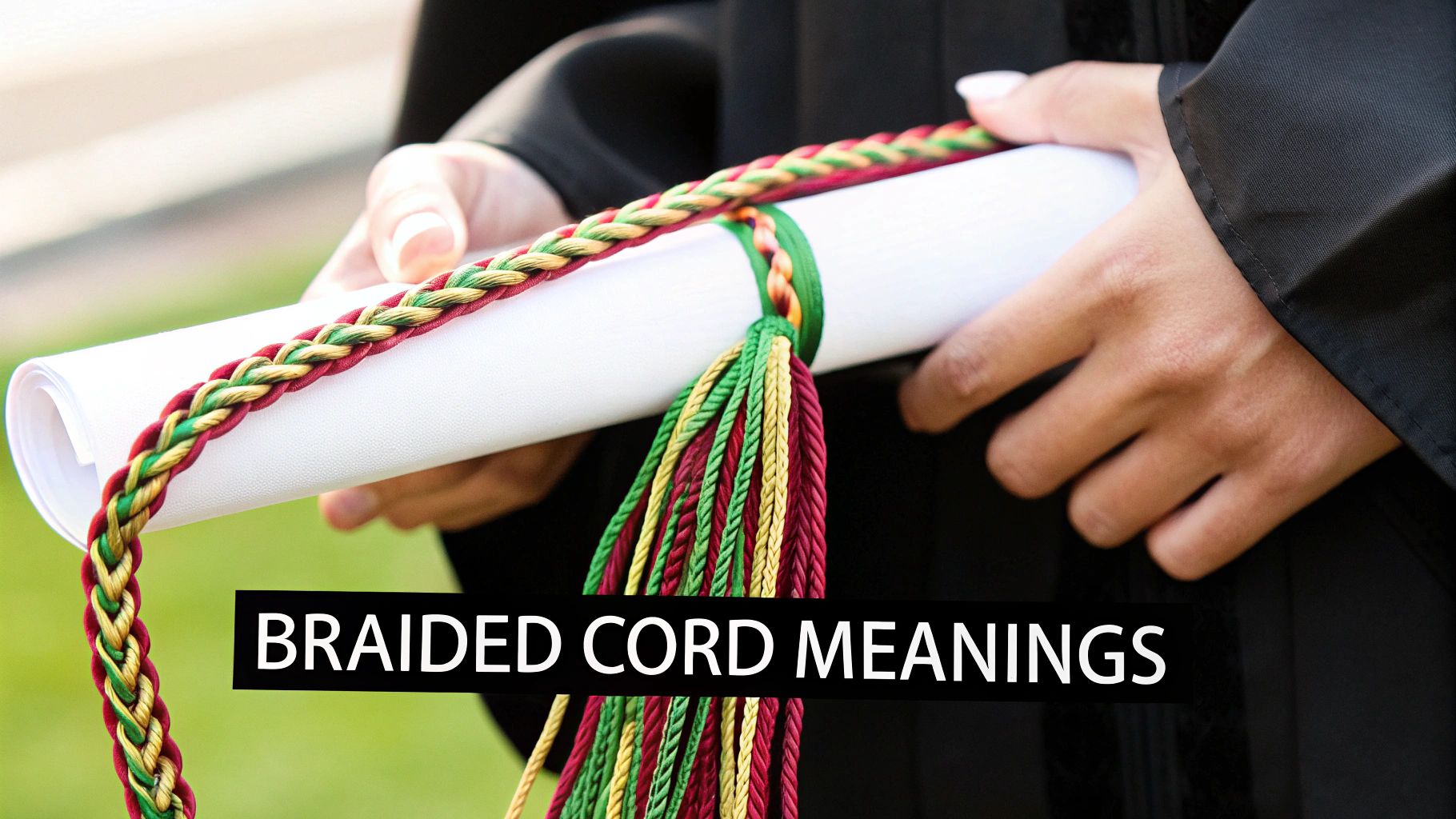 A graduate in a black gown holds a diploma scroll with a red, green, and gold braided honor cord.