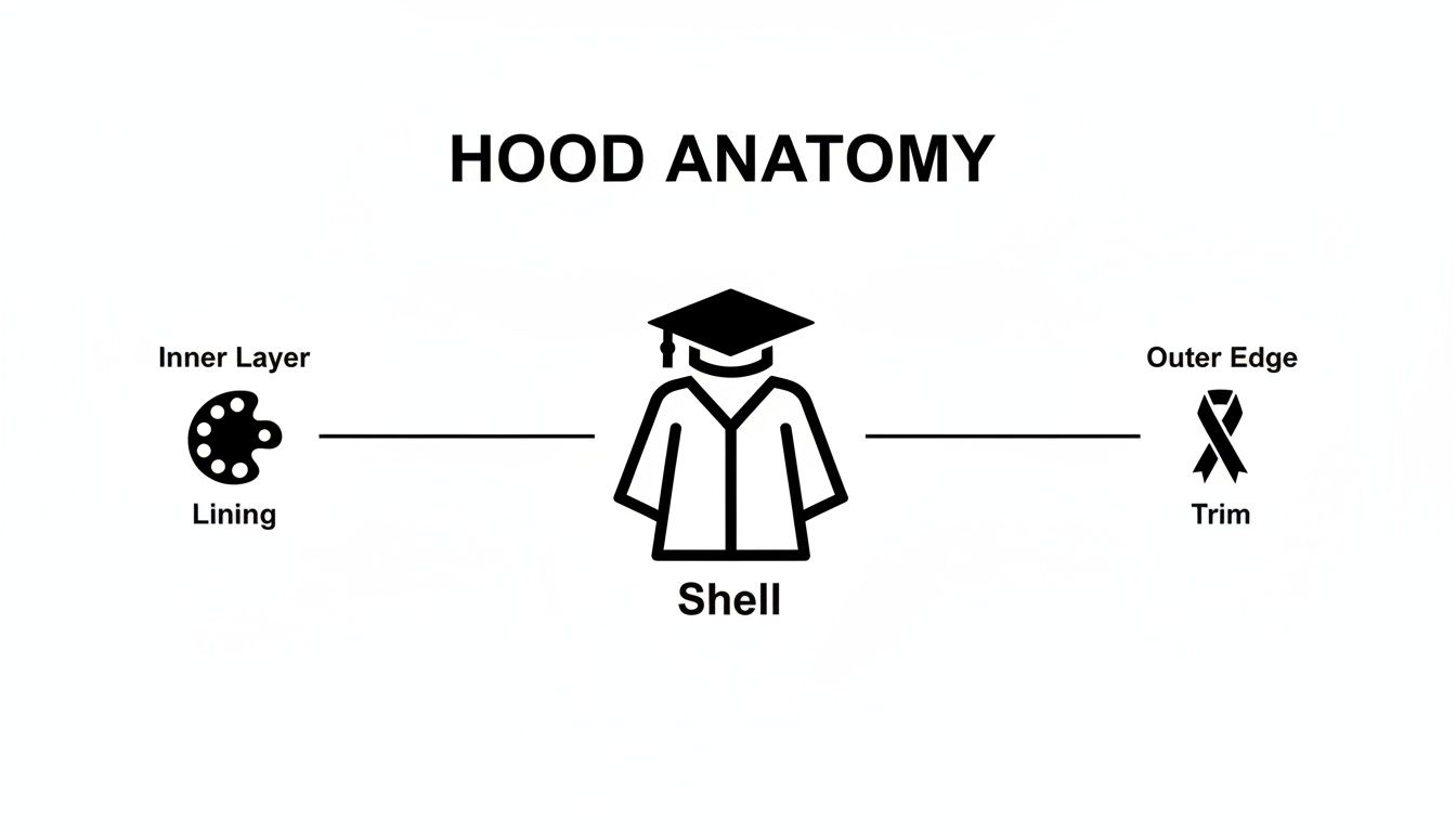 Diagram showing the anatomy of an academic hood, highlighting the shell, inner lining, and outer trim.