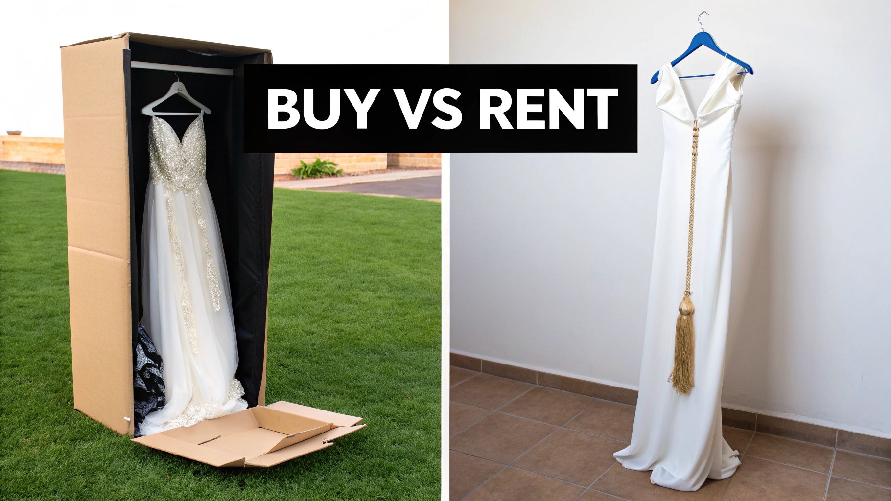A visual comparison of buying versus renting formal white dresses for special occasions.